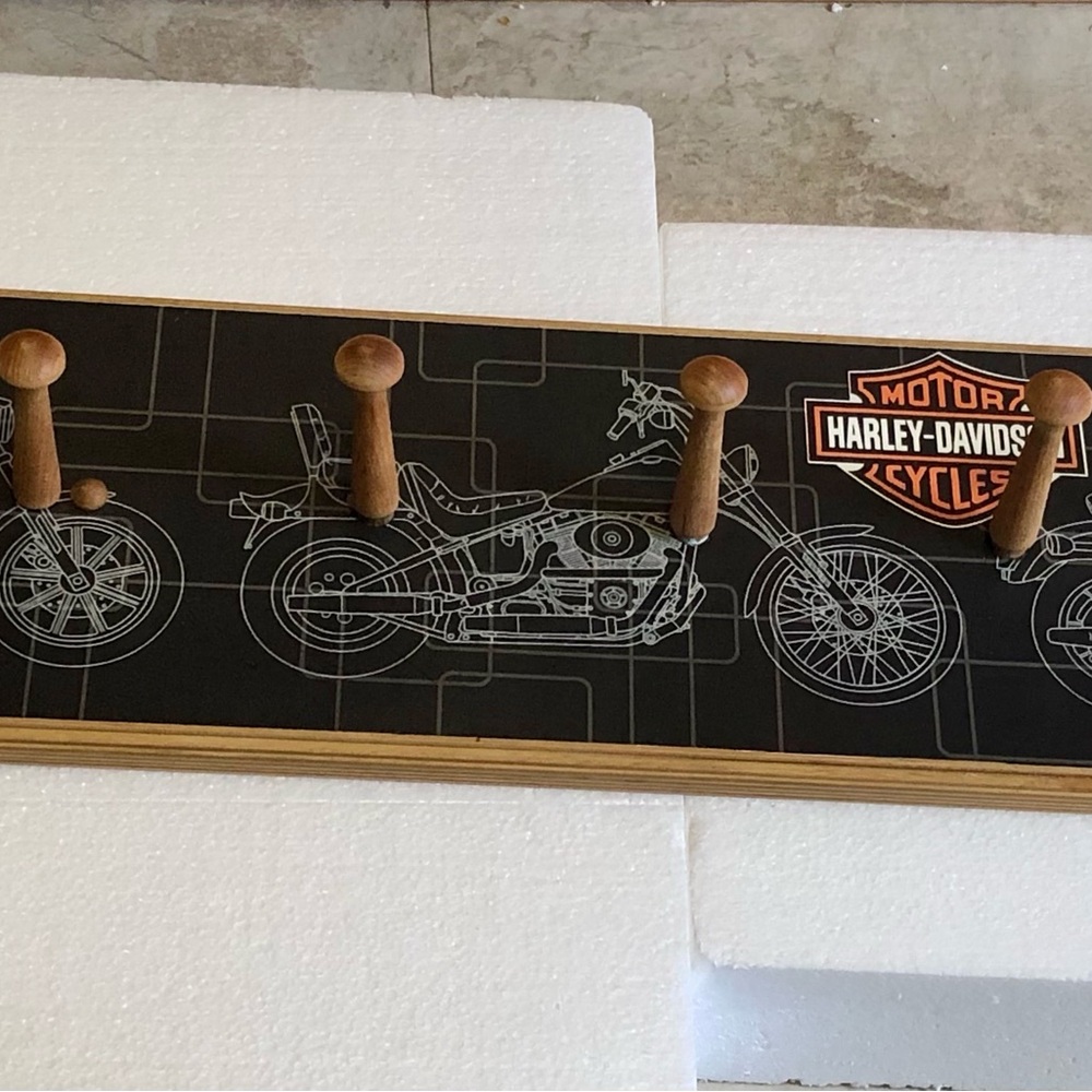 Harley Davidson Black and Wood Seven Hook Wall Rack